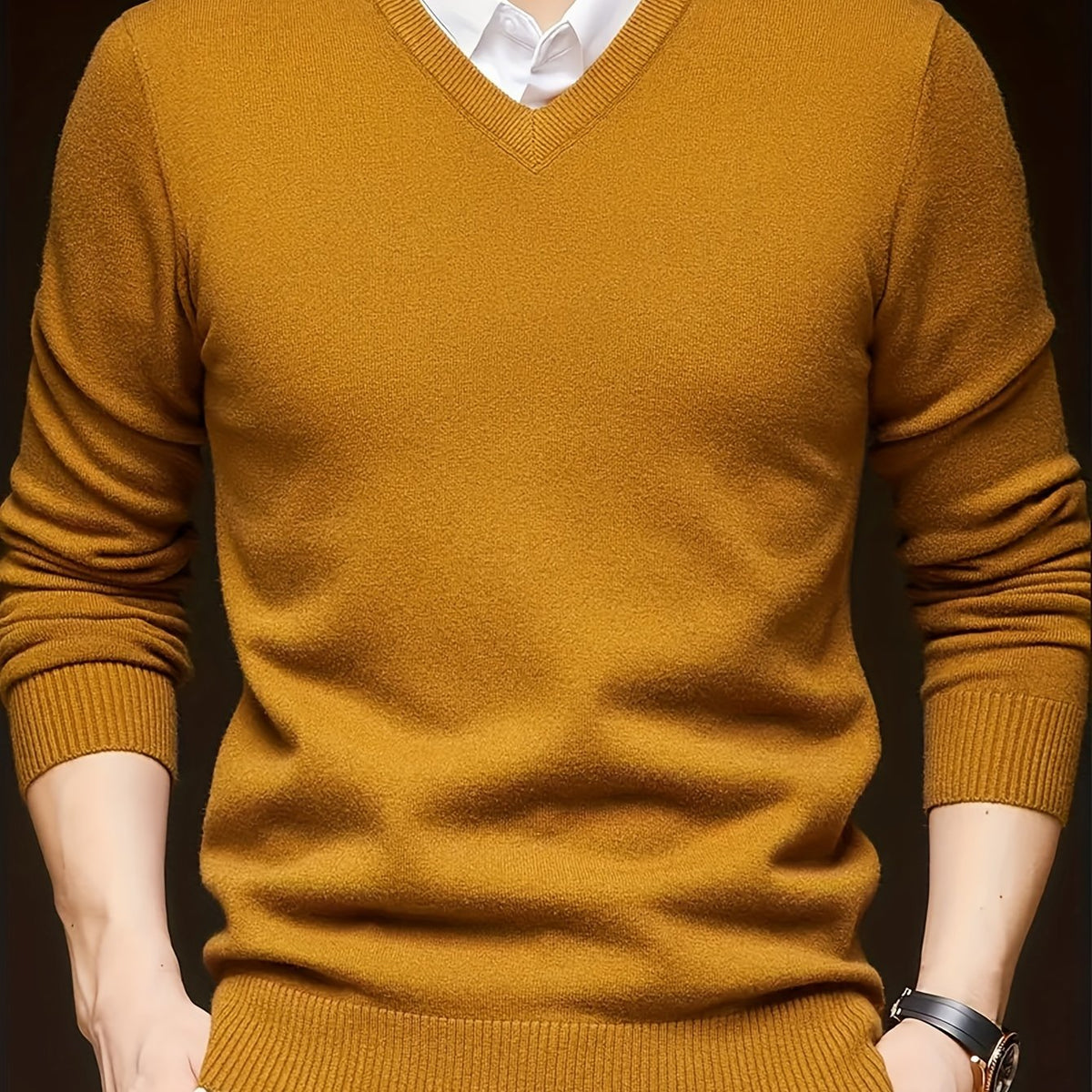 Męski Sweter Dzianinowy z Dekoltem w Serek, Jednolity Kolor, Długi Rękaw, na Jesień i Zimę