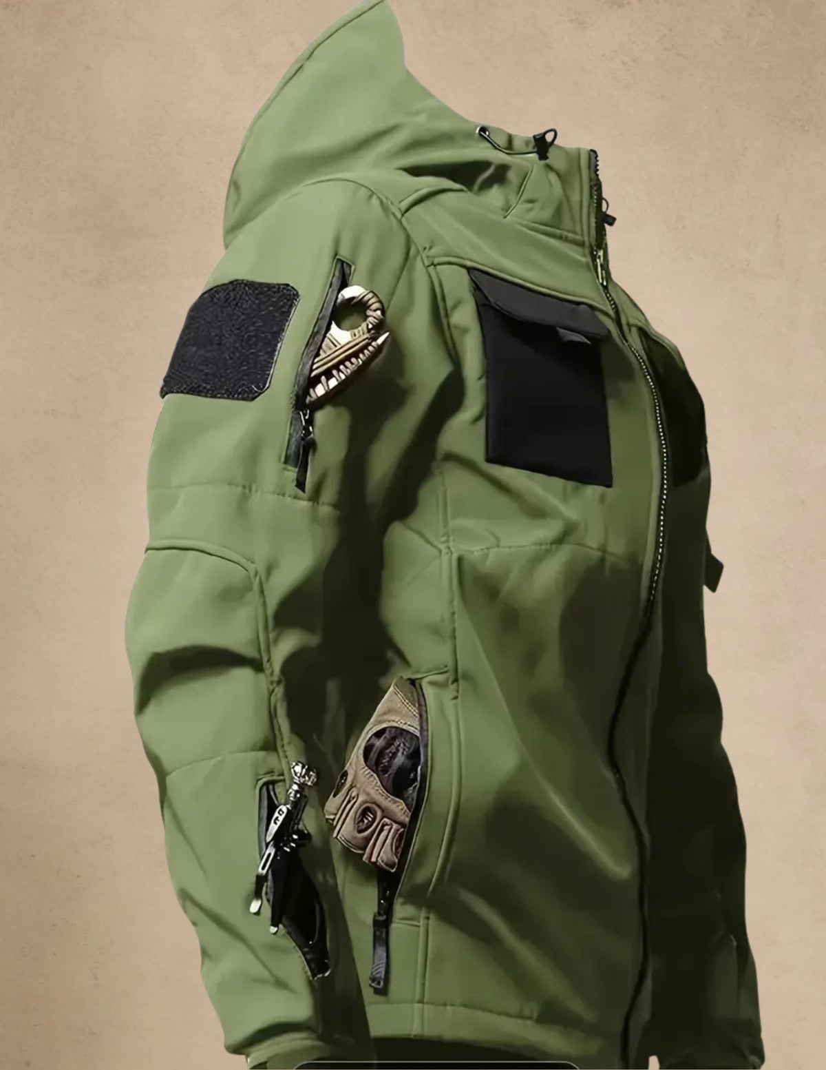 Męska Kurtka Softshell z Kapturem, Wiatroodporna, Taktyczna Outdoor, Zapinana na Zamek z Kieszeniami