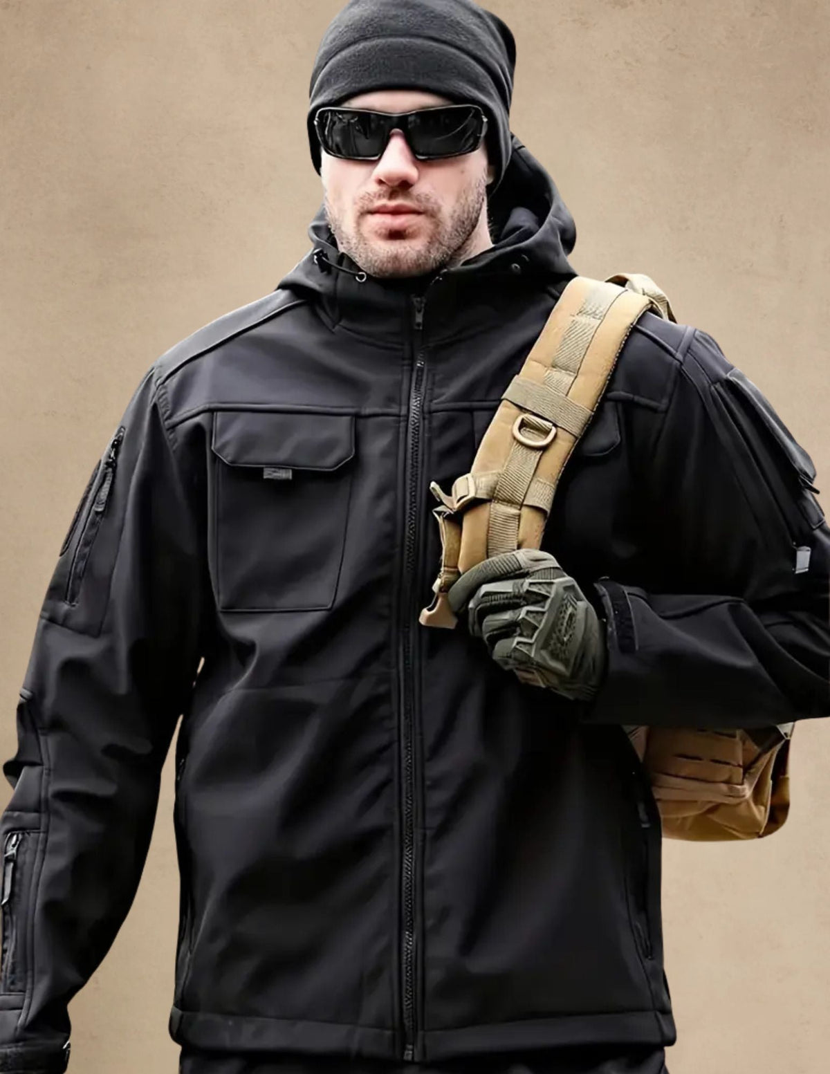 Męska Kurtka Softshell z Kapturem, Wiatroodporna, Taktyczna Outdoor, Zapinana na Zamek z Kieszeniami