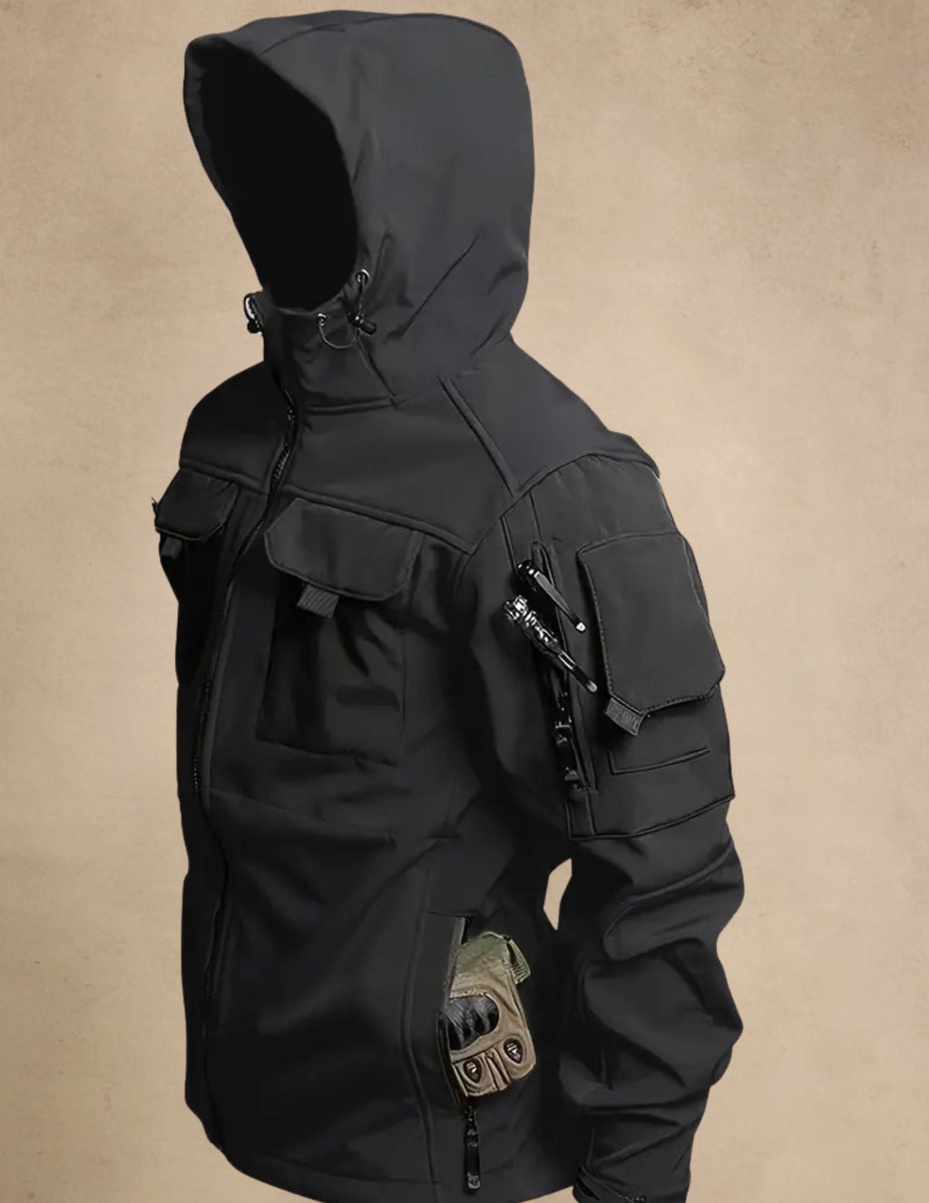 Męska Kurtka Softshell z Kapturem, Wiatroodporna, Taktyczna Outdoor, Zapinana na Zamek z Kieszeniami