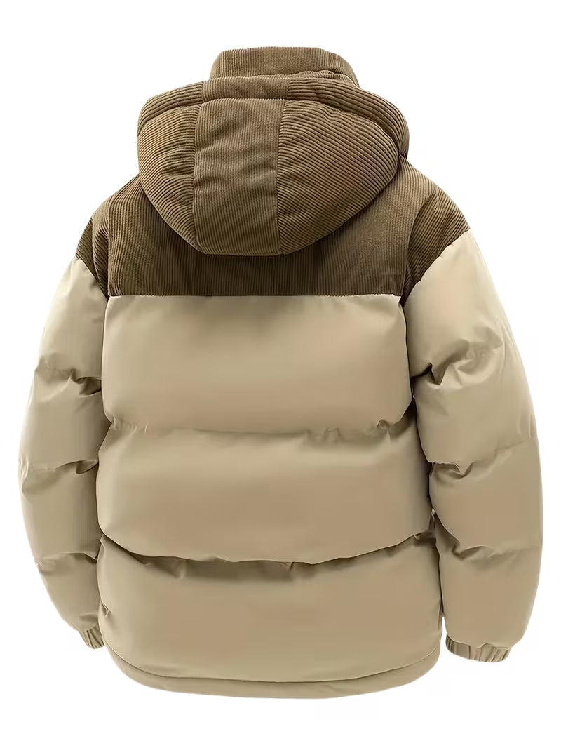 Męska Kurtka Zimowa Pikowana Puffer z Odpinanym Kapturem, Pogrubiana, Ciepła, Zapinana na Zamek