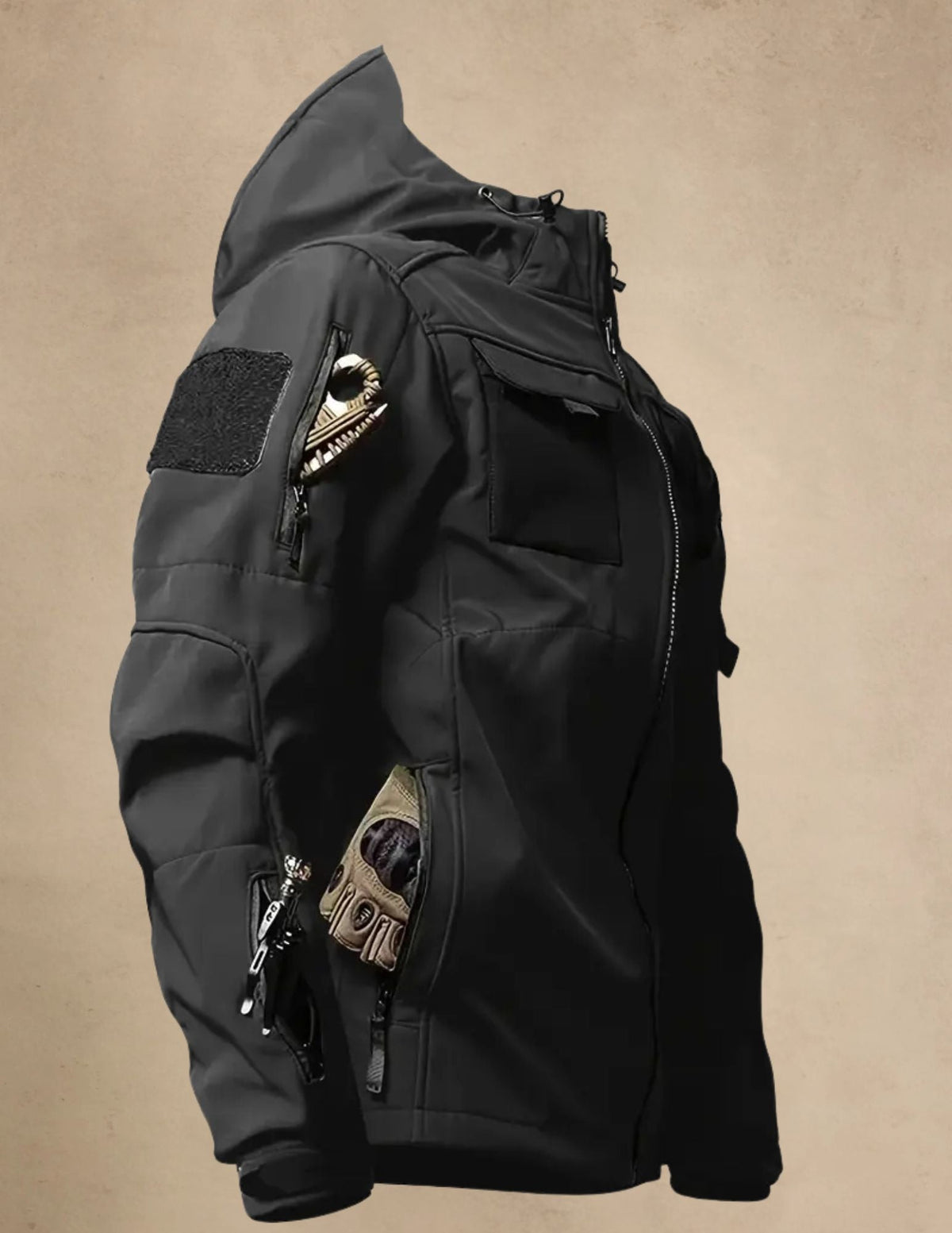 Męska Kurtka Softshell z Kapturem, Wiatroodporna, Taktyczna Outdoor, Zapinana na Zamek z Kieszeniami