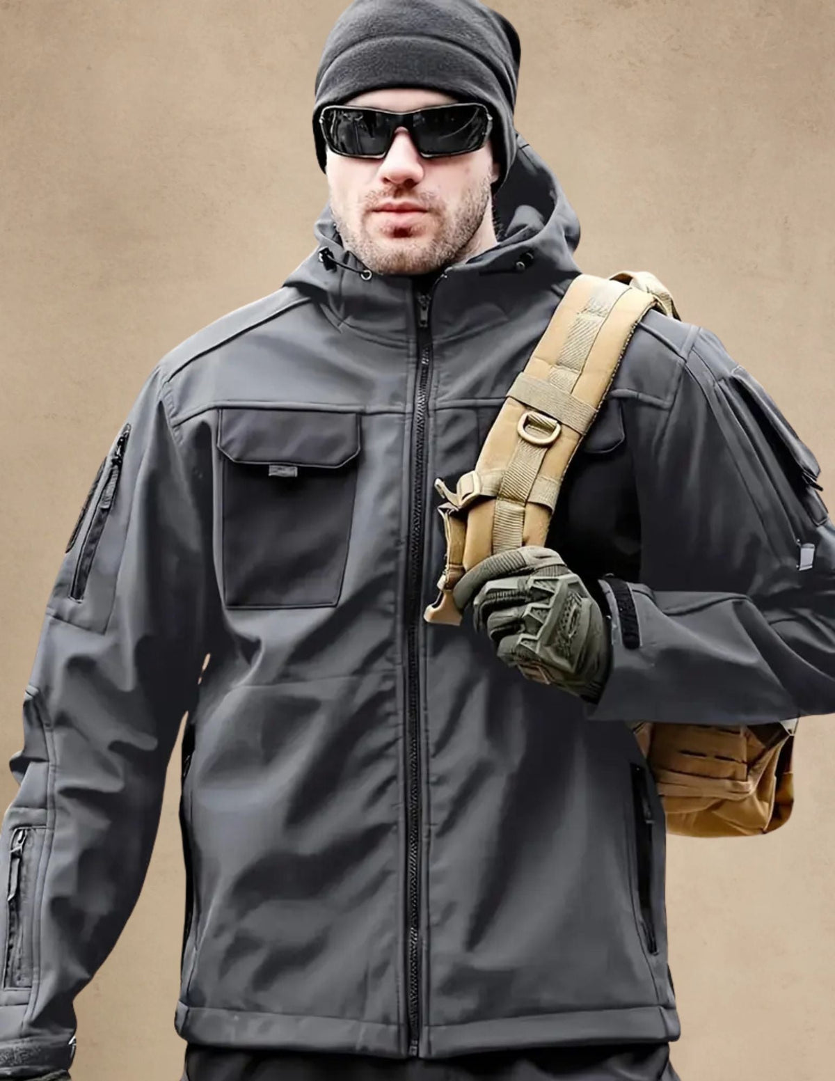 Męska Kurtka Softshell z Kapturem, Wiatroodporna, Taktyczna Outdoor, Zapinana na Zamek z Kieszeniami