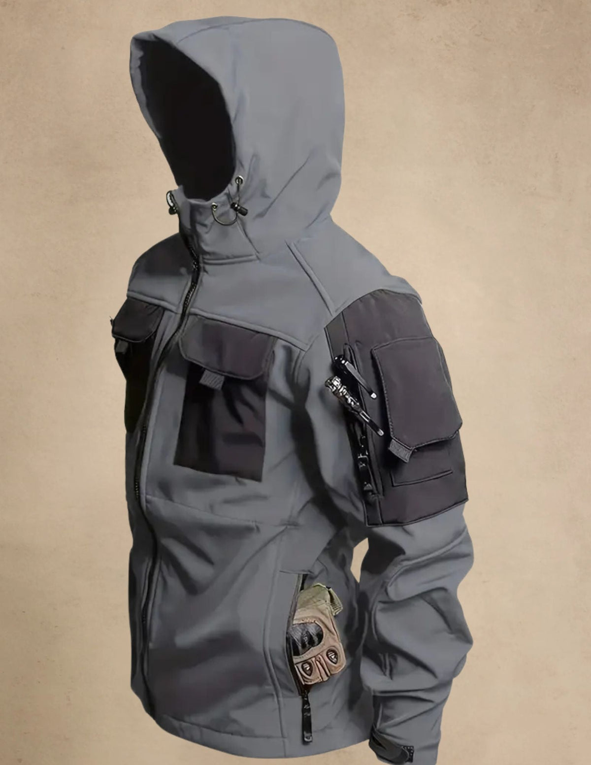 Męska Kurtka Softshell z Kapturem, Wiatroodporna, Taktyczna Outdoor, Zapinana na Zamek z Kieszeniami