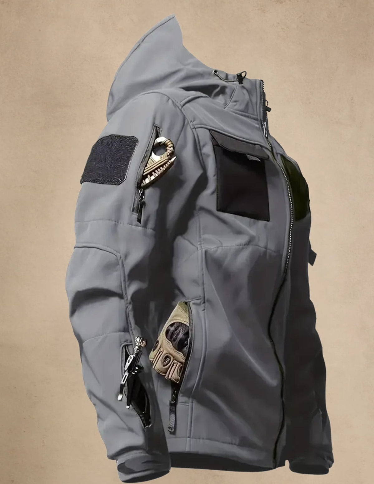 Męska Kurtka Softshell z Kapturem, Wiatroodporna, Taktyczna Outdoor, Zapinana na Zamek z Kieszeniami
