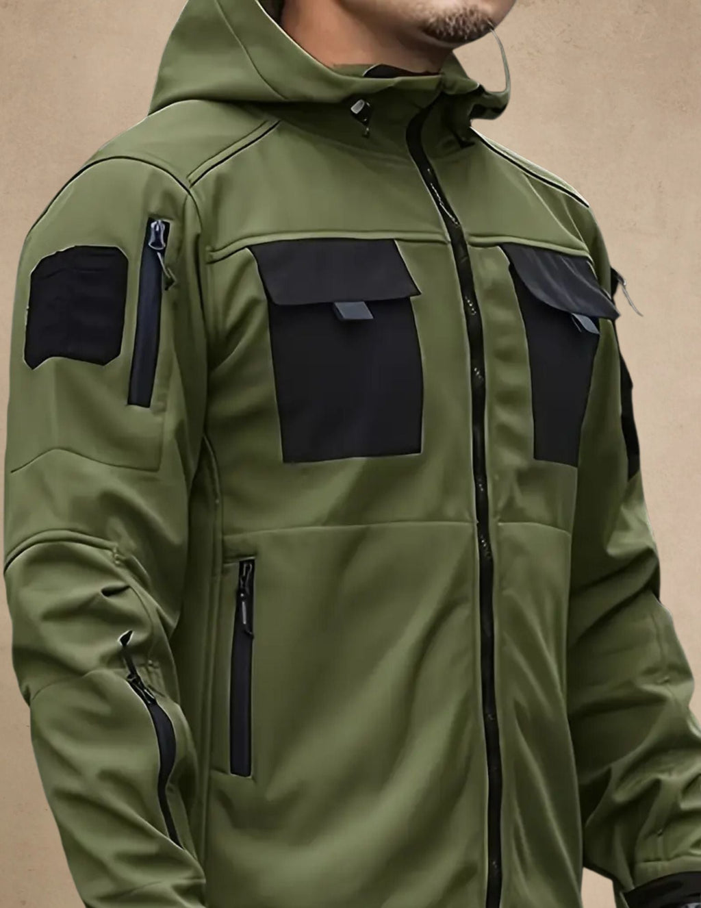 Męska Kurtka Softshell z Kapturem, Wiatroodporna, Taktyczna Outdoor, Zapinana na Zamek z Kieszeniami