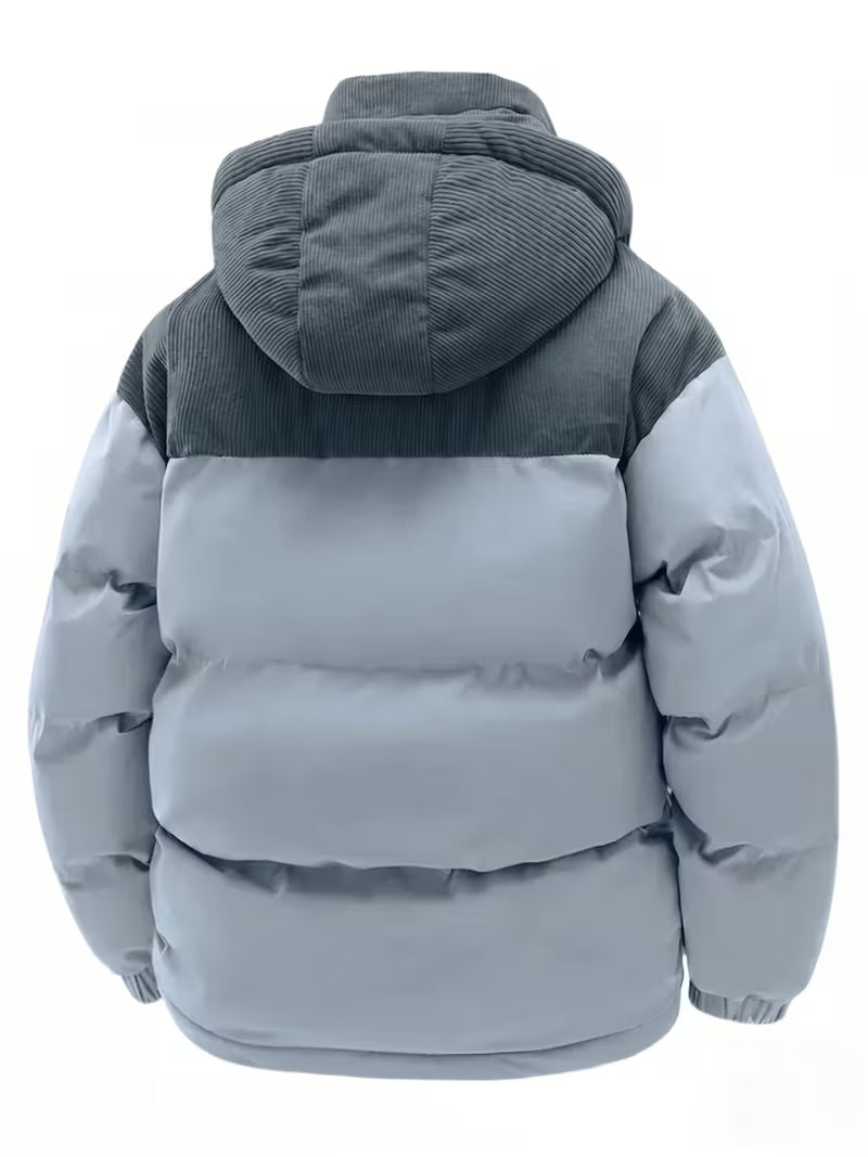 Męska Kurtka Zimowa Pikowana Puffer z Odpinanym Kapturem, Pogrubiana, Ciepła, Zapinana na Zamek