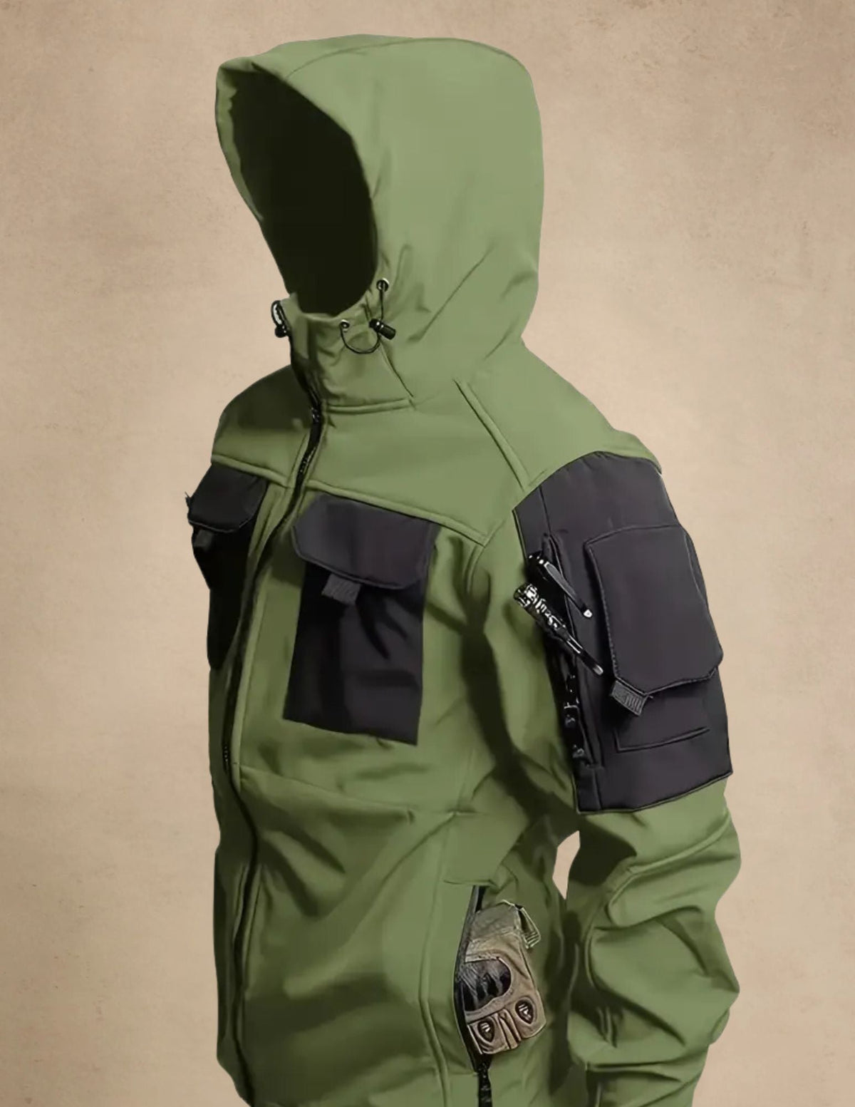 Męska Kurtka Softshell z Kapturem, Wiatroodporna, Taktyczna Outdoor, Zapinana na Zamek z Kieszeniami