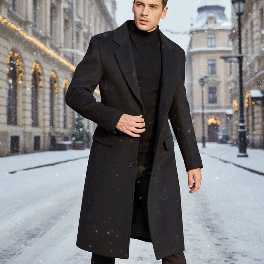 Męski Długi Płaszcz Wełniany Klasyczny, Elegancki Płaszcz z Mieszanki Wełny na Jesień i Zimę