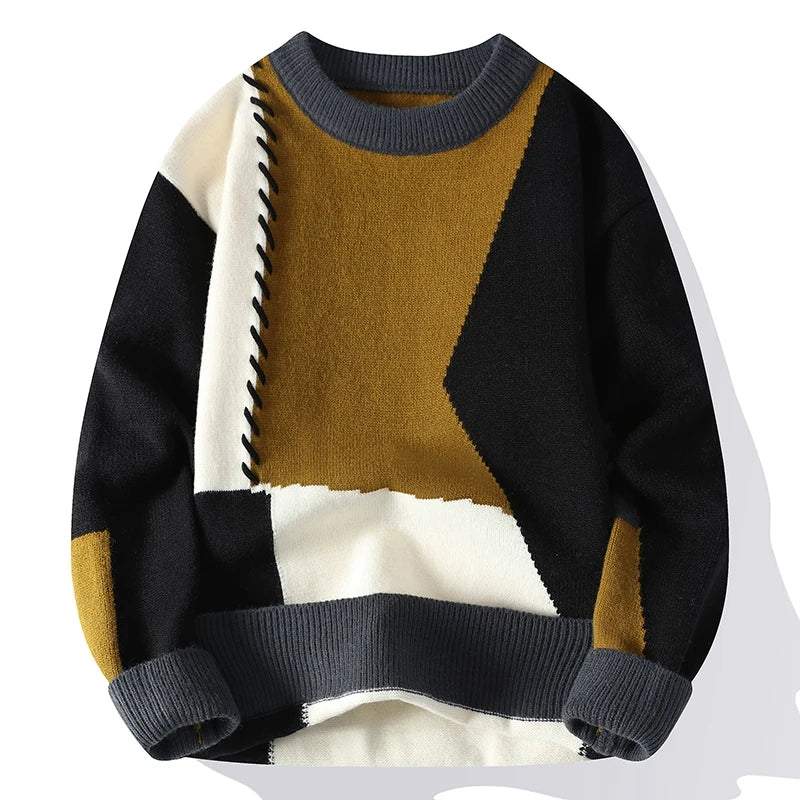 Męski sweter patchwork z kolorowymi panelami – zdjęcie 12