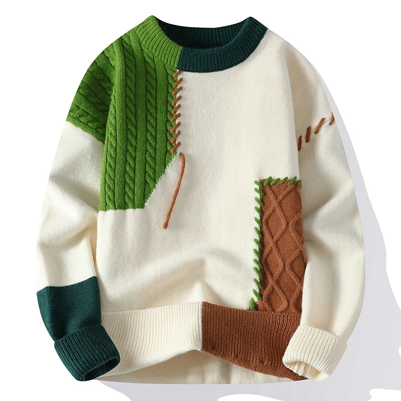 Męski sweter patchwork z kolorowymi panelami – zdjęcie 2