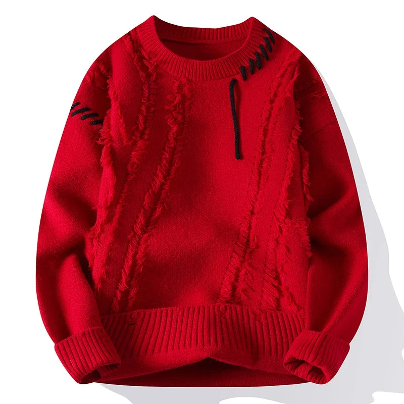 Męski sweter patchwork z kolorowymi panelami – zdjęcie 11