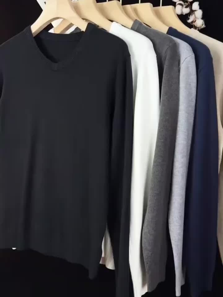 Męski Sweter Dzianinowy z Dekoltem w Serek, Jednolity Kolor, Długi Rękaw, na Jesień i Zimę