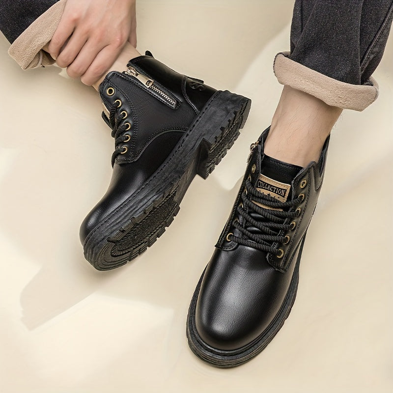 Męskie Buty za Kostkę ze Skóry Syntetycznej, Wysokie, z Bocznym Zamkiem i Amortyzującą Podeszwą