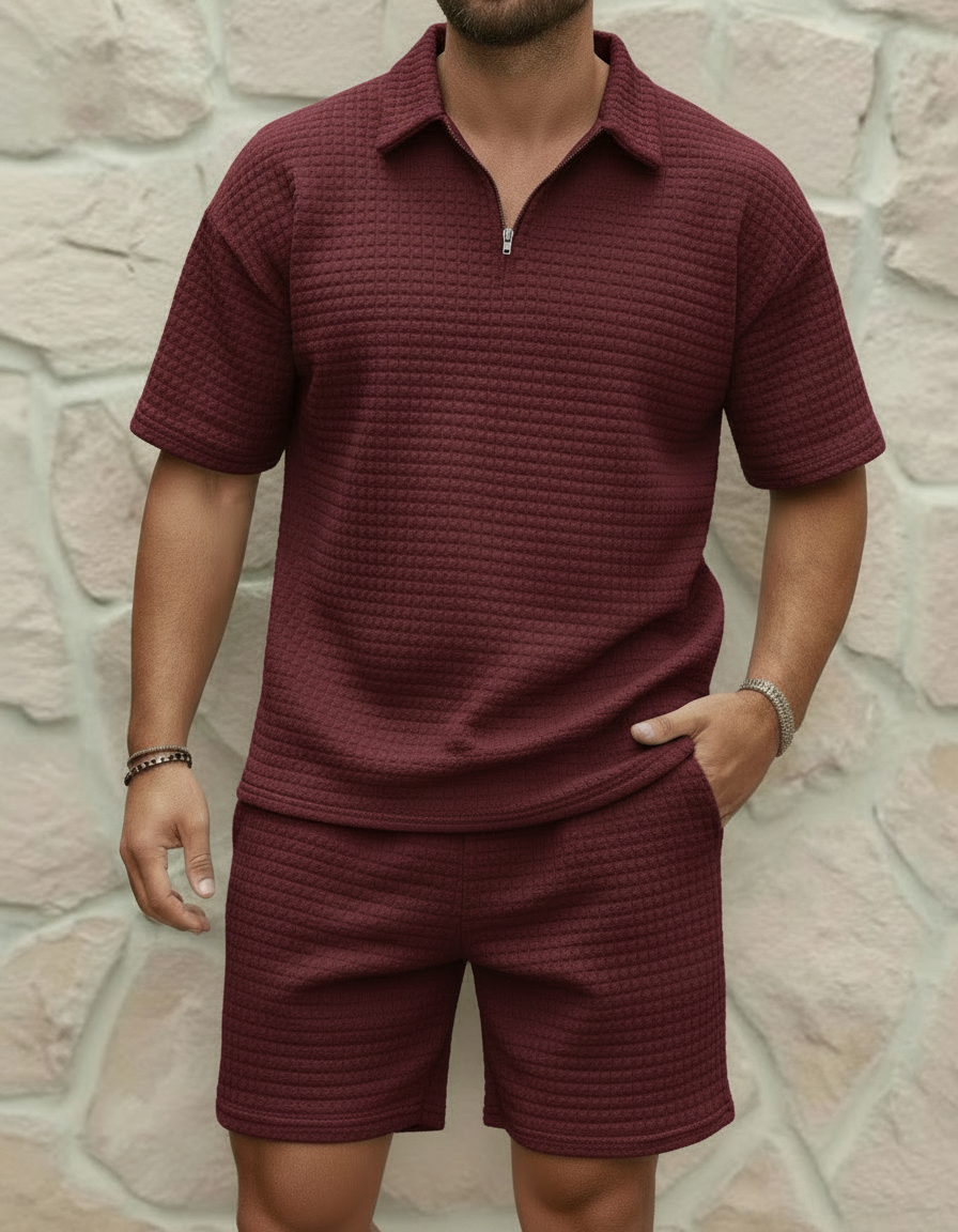 Matera — Komplet Polo z Zipem i Szorty Waffle