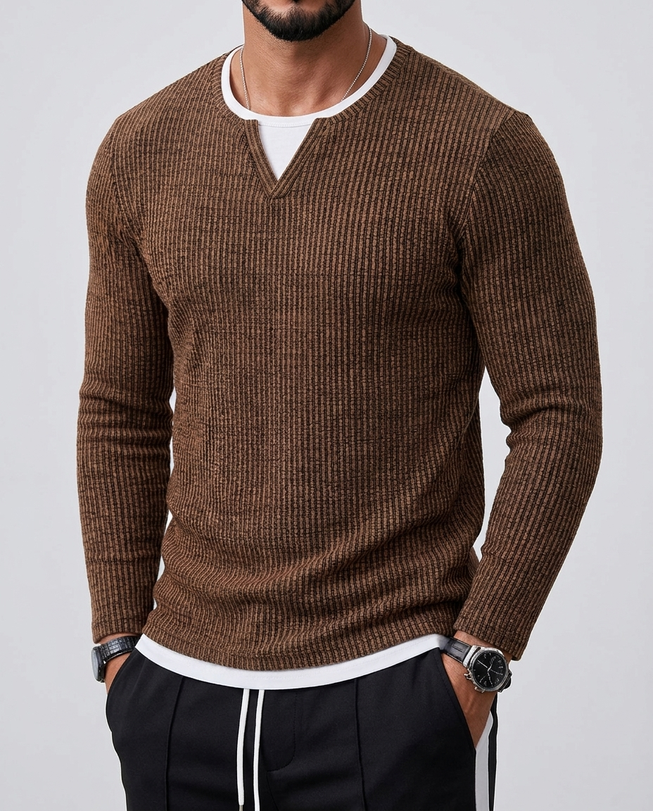 Sweter męski dwukolorowy w prążki, prążkowana dzianina z kontrastowymi pasami — krój regularny S-XXL