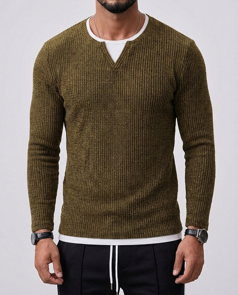 Sweter męski dwukolorowy w prążki, prążkowana dzianina z kontrastowymi pasami — krój regularny S-XXL