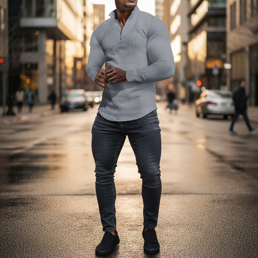 Męski sweter half-zip slim z waflową fakturą – zdjęcie 5