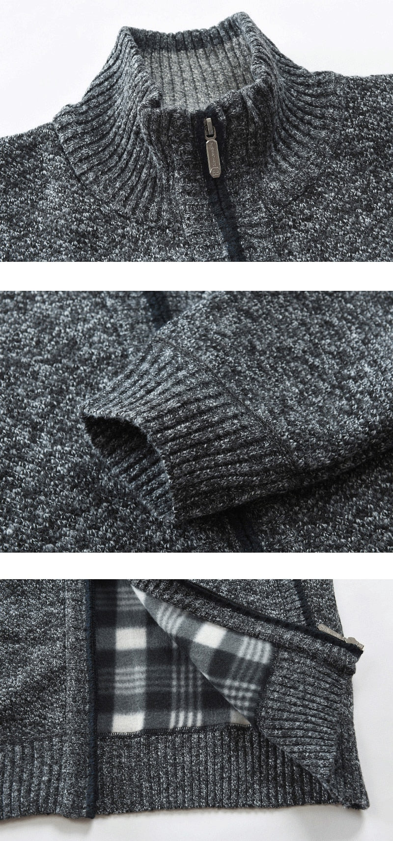 Męski sweter na zamek z podszewką w kratę – zdjęcie 7